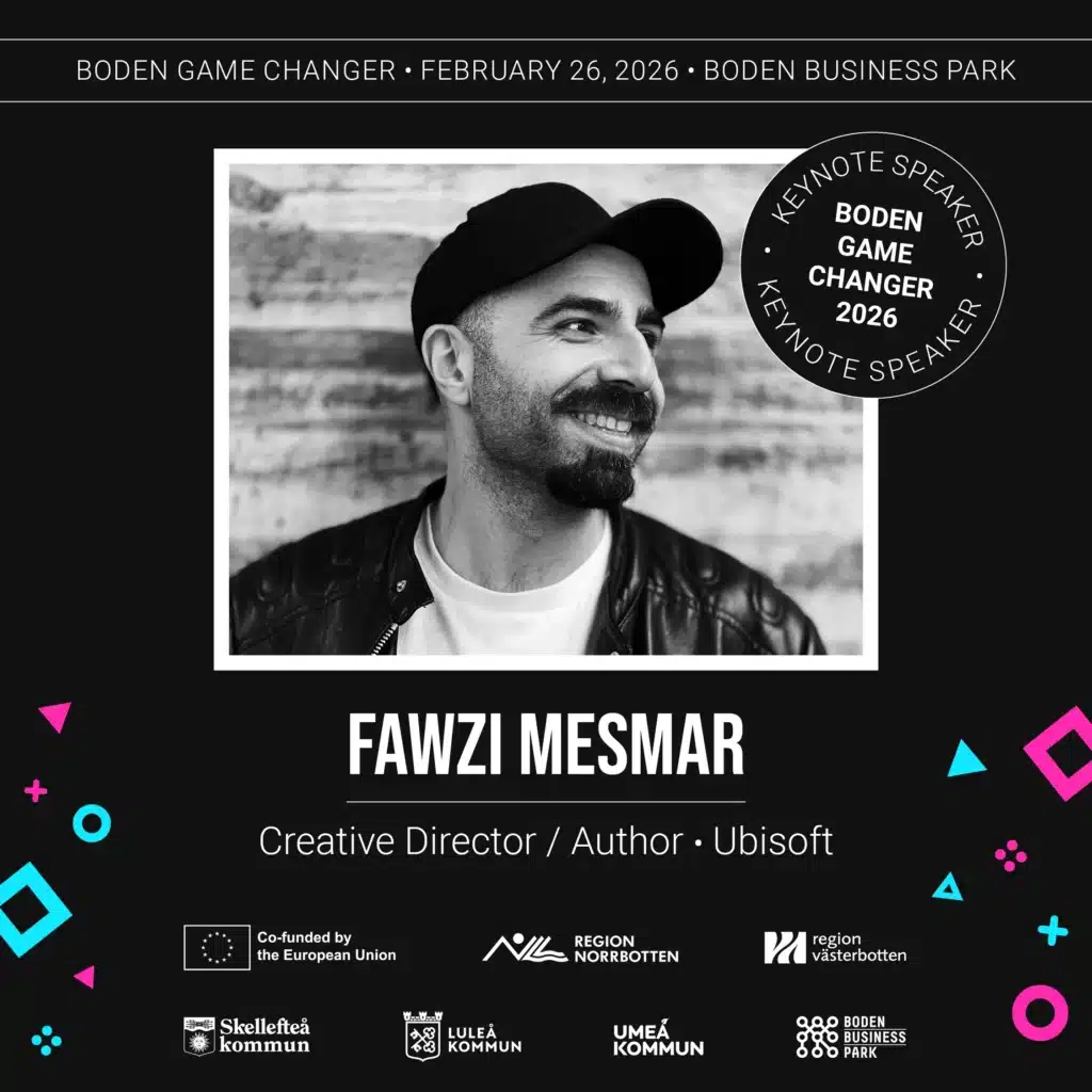 Porträtt på Fawzi Mesmar, keynote speaker på Boden Game Changer 2026. Text anger titel: Creative Director, Author, Ubisoft. Eventet hålls 26 februari 2026 på Boden Business Park.